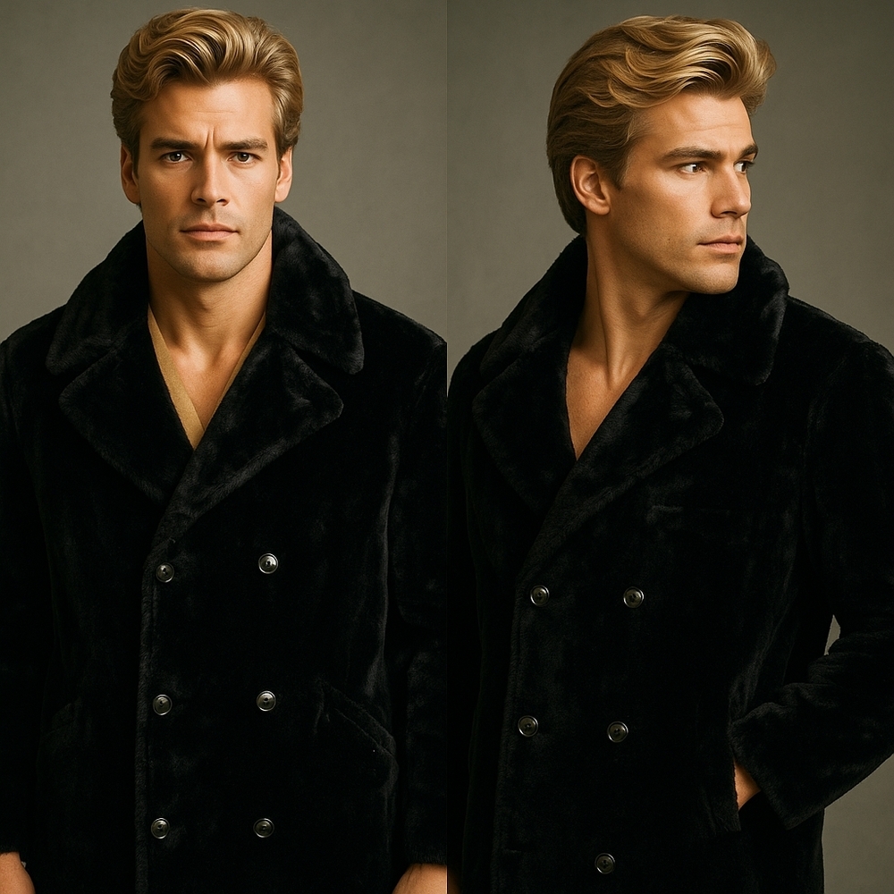 Cooper Newark Mens L Black Faux Mink Coat 1960s Double Breasted Old Hollywood